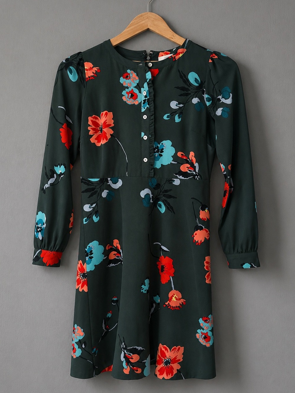 Ann Taylor LOFT Petite Floral Dress Green Red Long Sleeve Back Zipper Size 0P